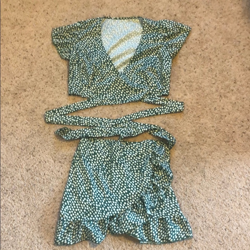 Wrap tie front shirt and ruffle skirt set